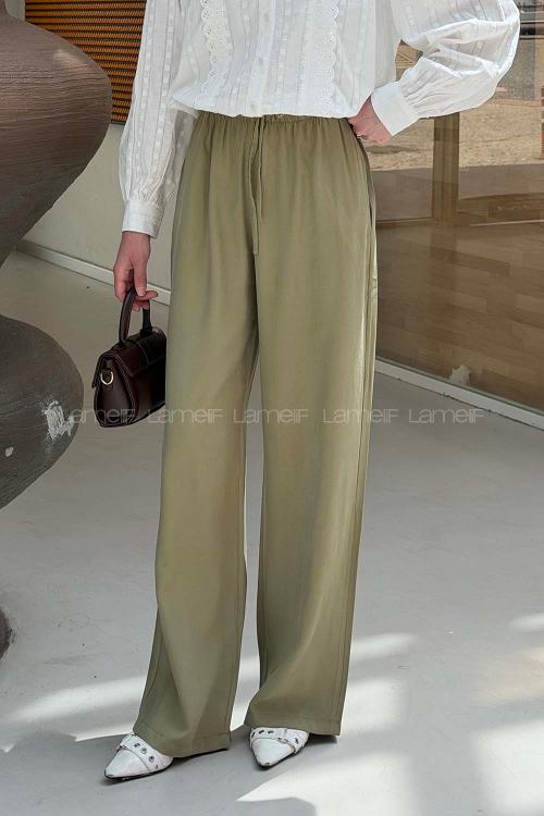 Plum Green Tensel Elastic Waist Comfortable Pants