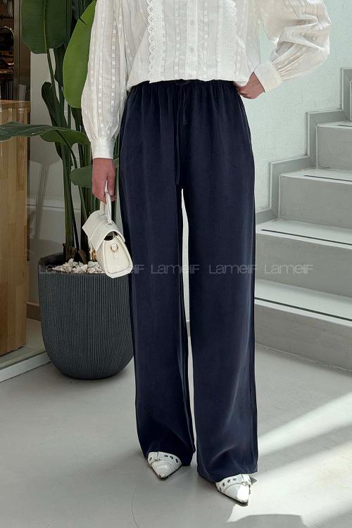 Navy Blue Tensel Elastic Waist Comfortable Pants