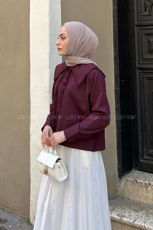 Plum Peter Pan Collar Long Arm Viscose Fabric Unprinted Shirt