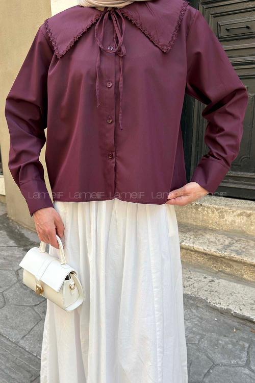 Plum Peter Pan Collar Long Arm Viscose Fabric Unprinted Shirt