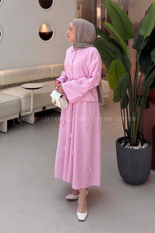 Lamelif Çiçek Detaylı Etekli Takım Pembe