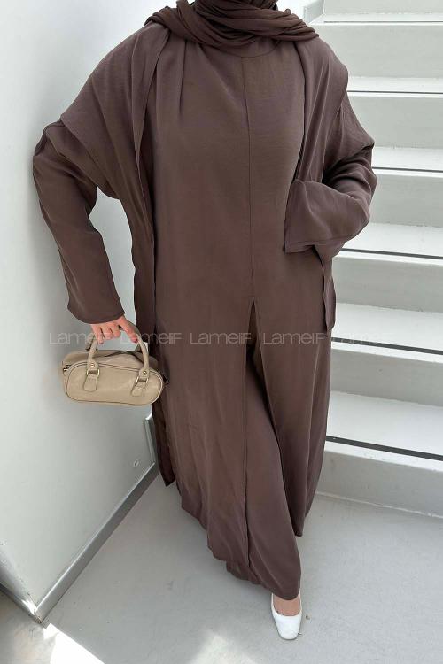 Lamelif Fular Detaylı Elbise-Pantolon Takım Acı Kahve