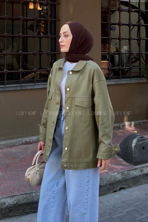 Lamelif Gabardin Kapak Cepli Ceket Haki