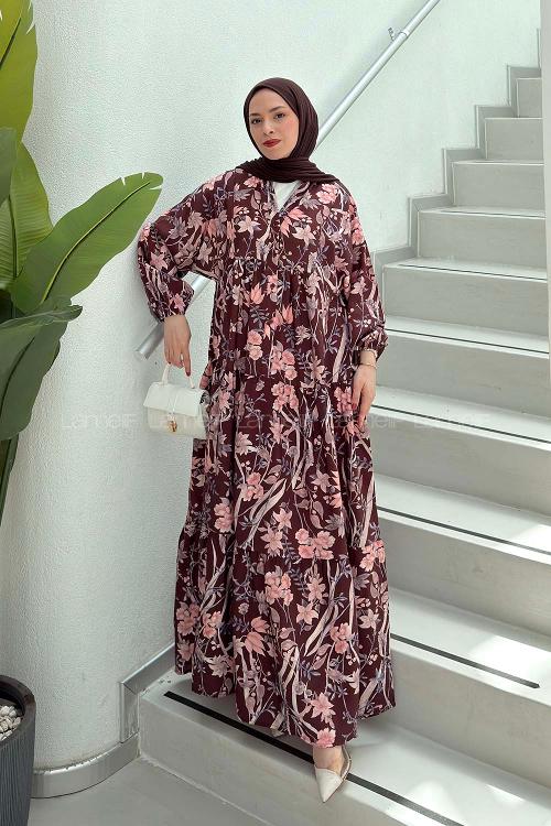 Lamelif Katleya Çiçek Desenli Elbise Acı Kahve