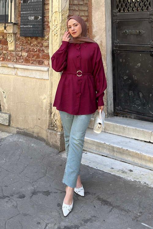 Lamelif Ön Çiçek Detaylı Bağlamalı Gömlek Bordo