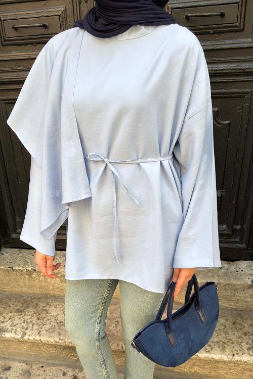 Baby Blue Crew Neck Sandy Fabric Unprinted Tunic