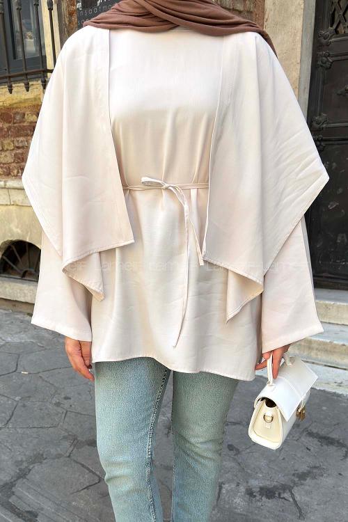 Lamelif Pelerin Detaylı Oversize Tunik Bej