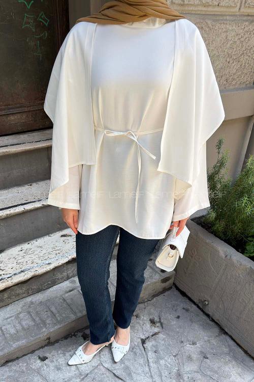 White Crew Neck Sandy Fabric Unprinted Tunic