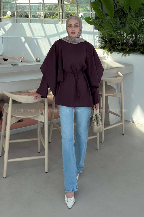Lamelif Pelerin Detaylı Oversize Tunik Mürdüm