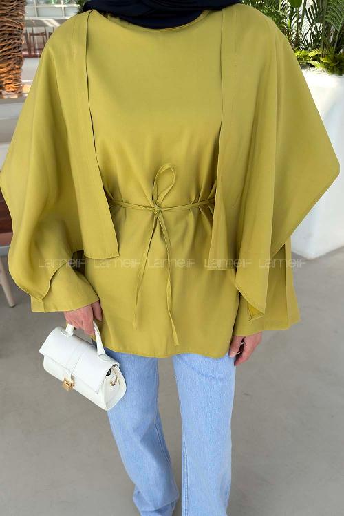 Lamelif Pelerin Detaylı Oversize Tunik Yağ Yeşili