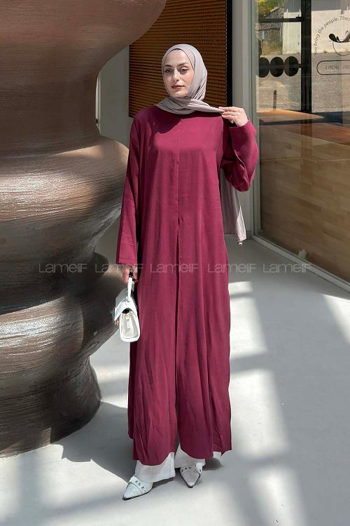 Lamelif Yırtmaç Detaylı Abaya Model Elbise Bordo
