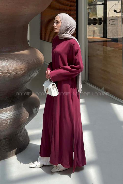 Lamelif Yırtmaç Detaylı Abaya Model Elbise Bordo