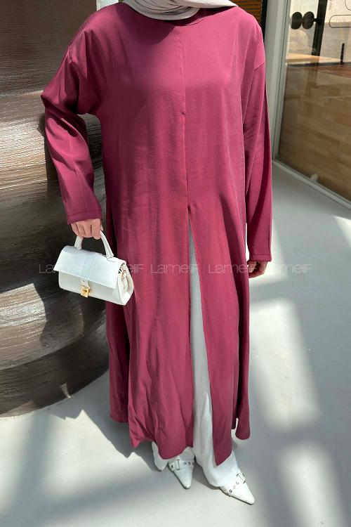 Lamelif Yırtmaç Detaylı Abaya Model Elbise Bordo