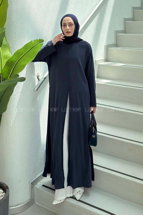 Lamelif Yırtmaç Detaylı Abaya Model Elbise Lacivert