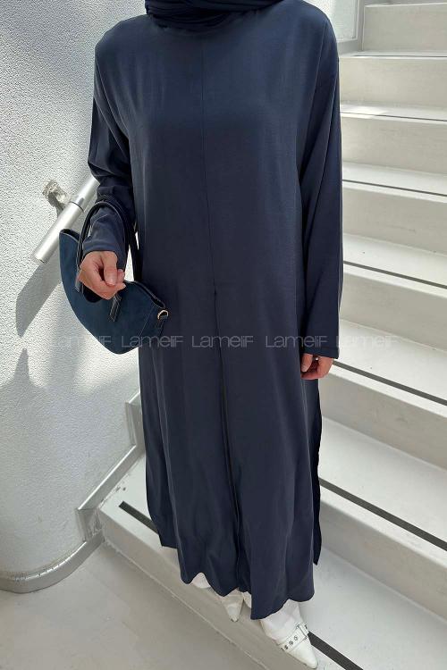 Lamelif Yırtmaç Detaylı Abaya Model Elbise Lacivert