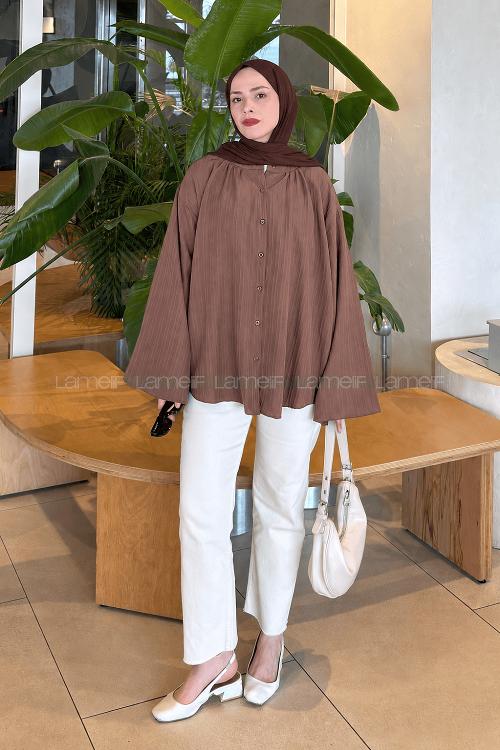 Lamelif Çizgi Detaylı Oversize Tesettür Gömlek Kahverengi