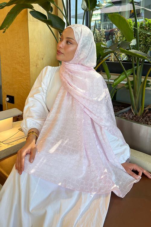 Lamelif  Bloom Desen Ayrobin Floş Jakar  Şal Şeker Pembe