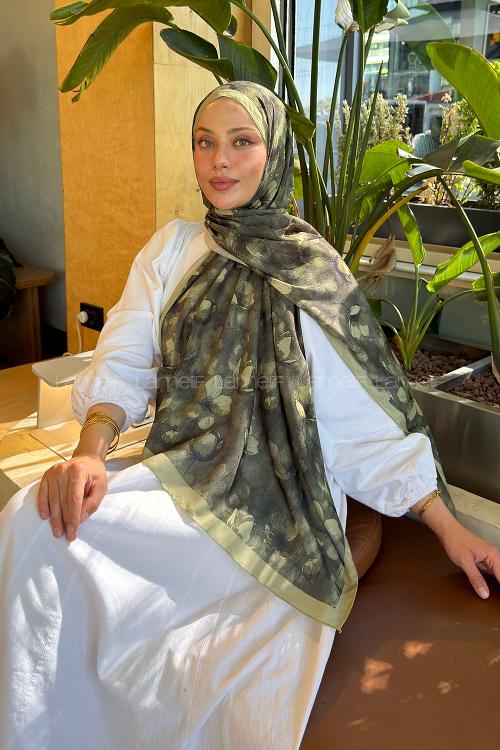 Lamelif Çiçek Desen Lara Soft Şal Haki
