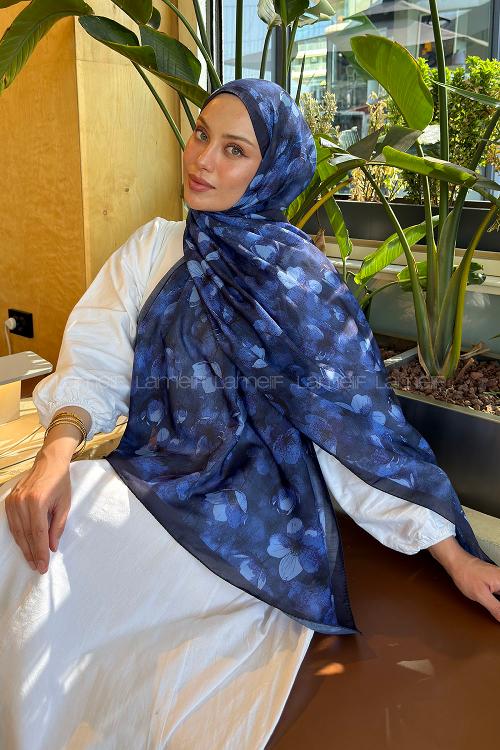 Navy Blue Cotton Cotton Fabric Striped Flowering Printed Shawl