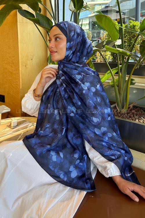 Navy Blue Cotton Cotton Fabric Striped Flowering Printed Shawl
