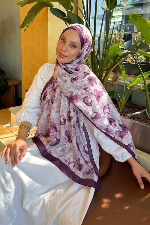 Lamelif Çiçek Desen Lara Soft Şal Mürdüm