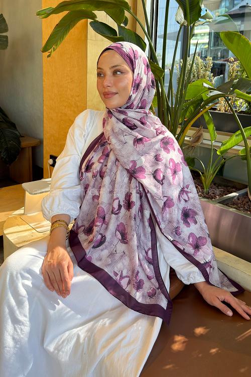 Lamelif Çiçek Desen Lara Soft Şal Mürdüm