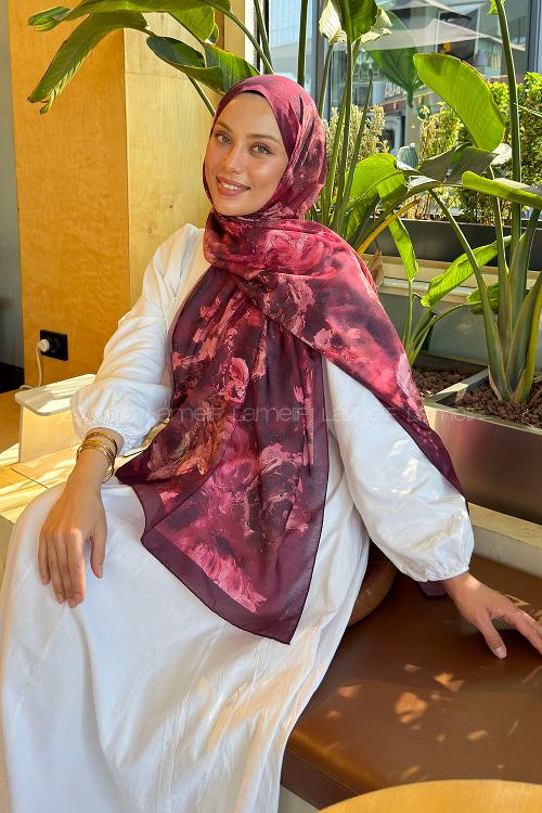 Lamelif Gül Çiçek Desen Lara Soft Şal Bordo