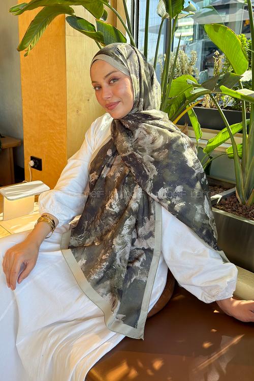 Lamelif Gül Çiçek Desen Lara Soft Şal Haki