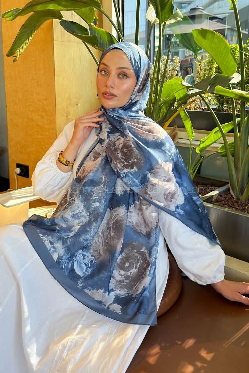 Lamelif Gül Çiçek Desen Lara Soft Şal Kot Mavi
