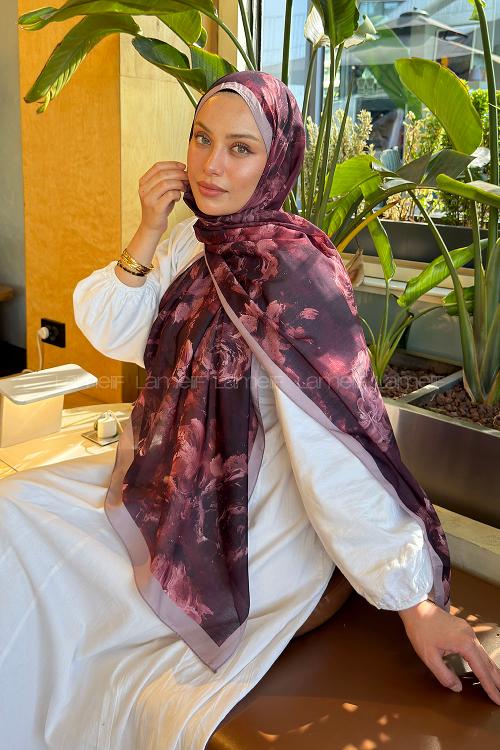 Lamelif Gül Çiçek Desen Lara Soft Şal Koyu Bordo