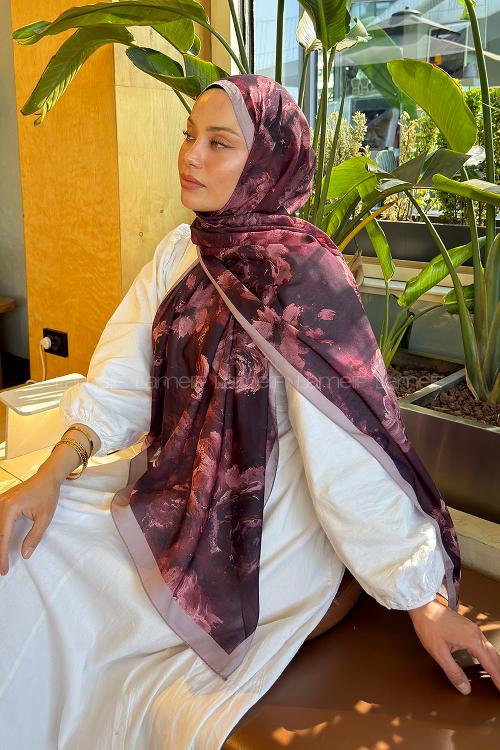 Lamelif Gül Çiçek Desen Lara Soft Şal Koyu Bordo