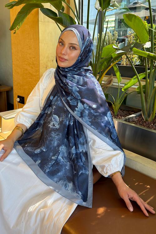 Navy Blue Cotton Cotton Fabric Striped Flowering Printed Shawl