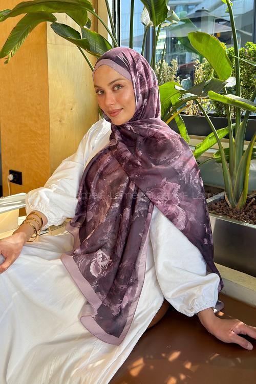 Lamelif Gül Çiçek Desen Lara Soft Şal Mürdüm