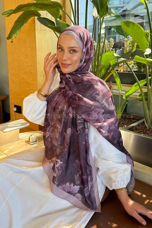 Lamelif Gül Çiçek Desen Lara Soft Şal Mürdüm
