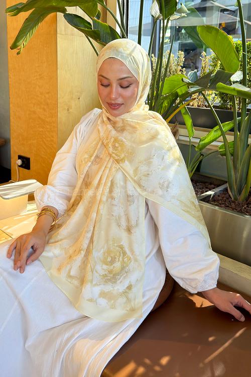 Lamelif Gül Çiçek Desen Lara Soft Şal Sarı