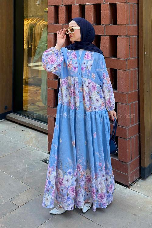 Lamelif Çiçek Detaylı Elbise Bebe Mavisi