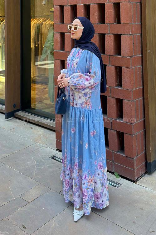 Lamelif Çiçek Detaylı Elbise Bebe Mavisi