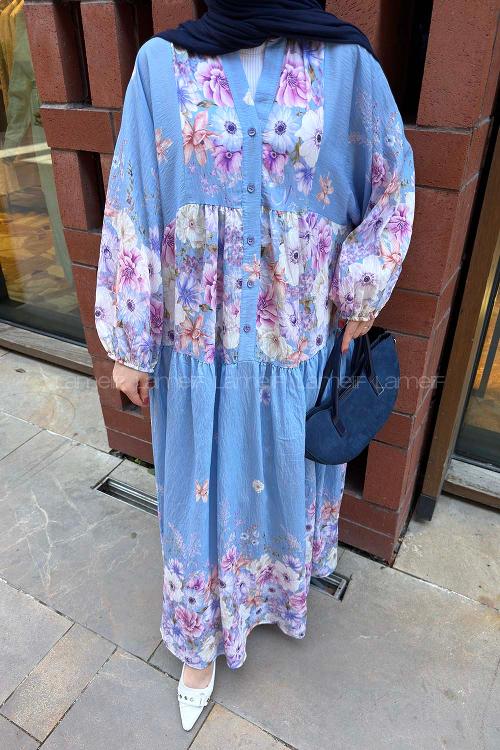 Lamelif Çiçek Detaylı Elbise Bebe Mavisi