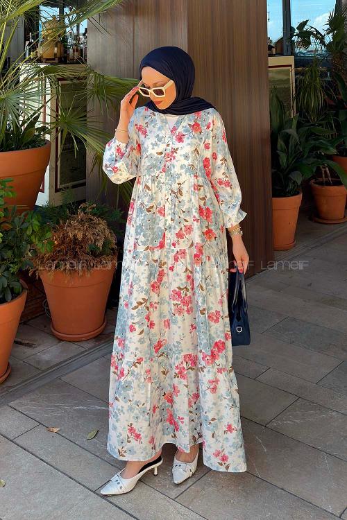 Lamelif Çiçek Detaylı Elbise Mavi