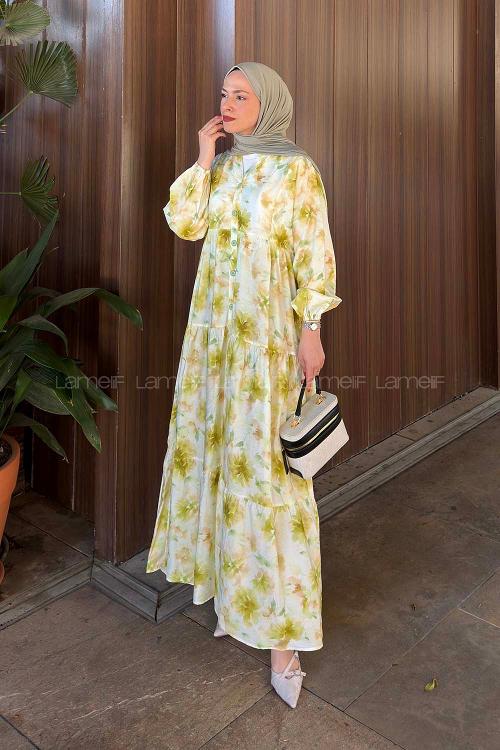 Lamelif Çiçek Detaylı Elbise Mint Yeşili