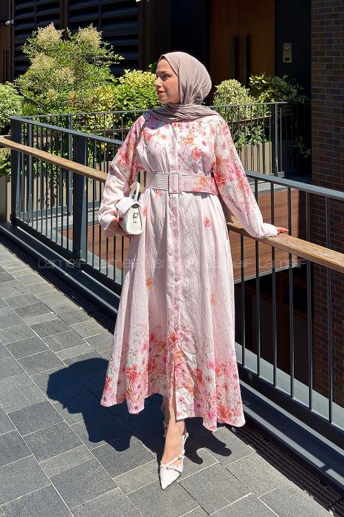 Lamelif Çiçek Detaylı Elbise Pembe