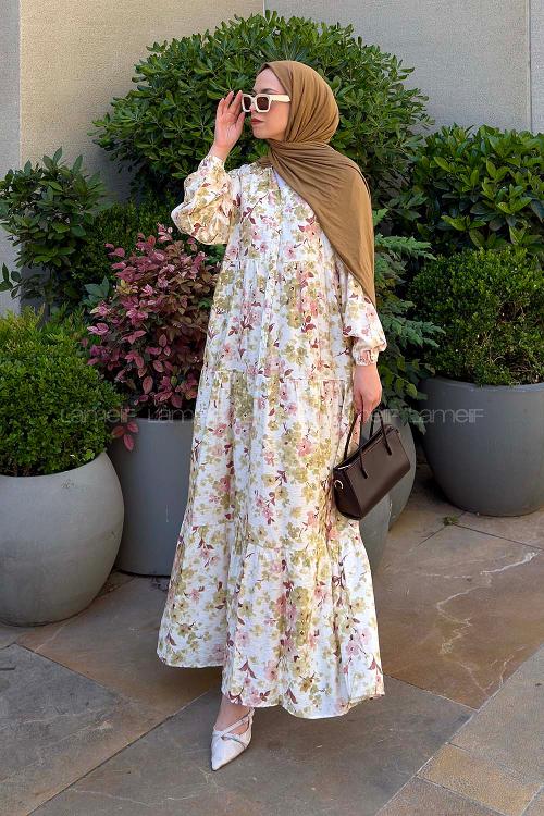 Lamelif Çiçek Detaylı Elbise Yeşil