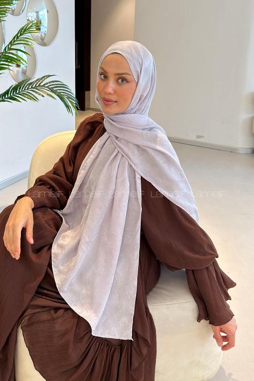 Lamelif Ağaçdalı Desen Ayrobin Floş Jakar  Şal Gümüş Gri