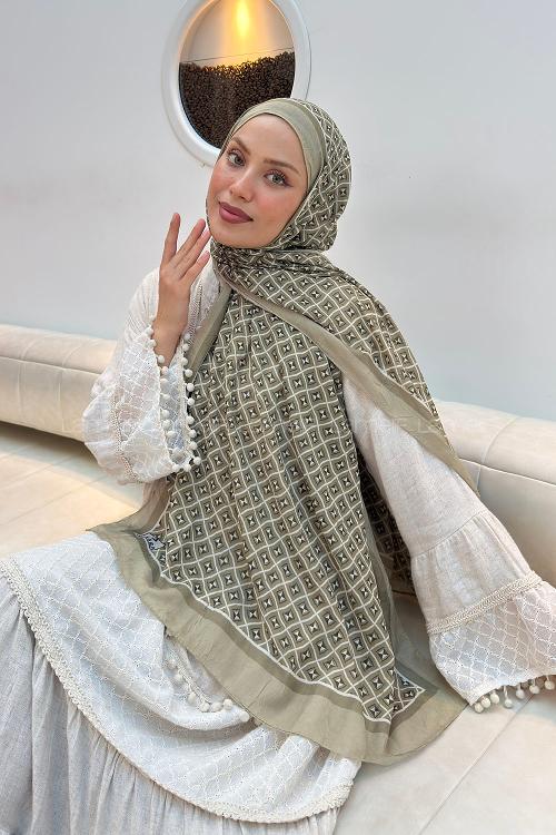 Lamelif  Etnik Desen Bambu Şal Mint Yeşili