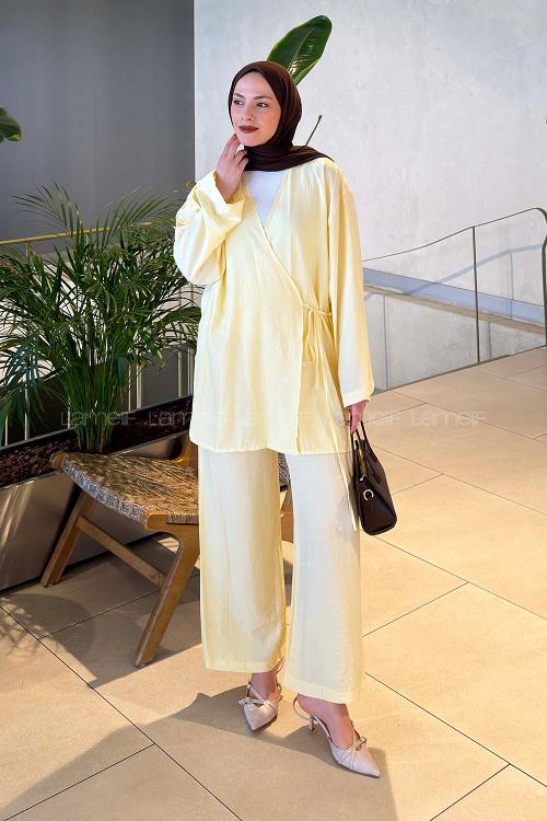 Lamelif Kimono-Pantolon Takım Sarı