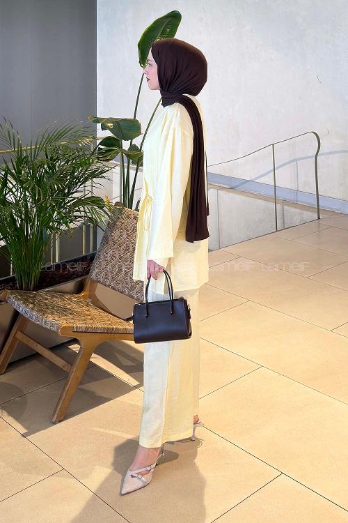 Lamelif Kimono-Pantolon Takım Sarı