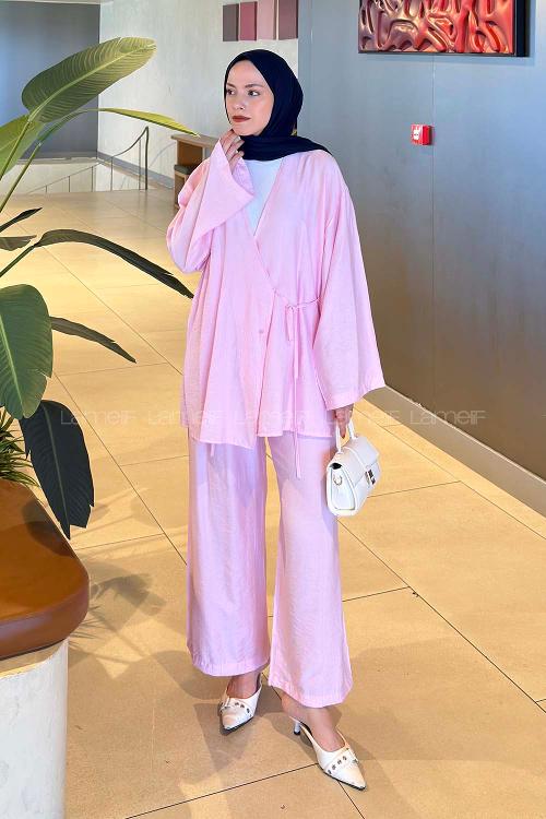Lamelif Kimono-Pantolon Takım Şeker Pembesi