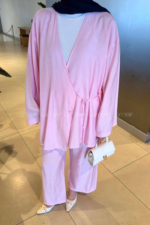 Lamelif Kimono-Pantolon Takım Şeker Pembesi