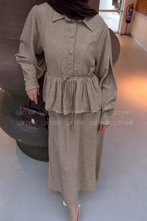 Mink Shirt Collar Long Arm Viscose Fabric Flared Skirt Suit