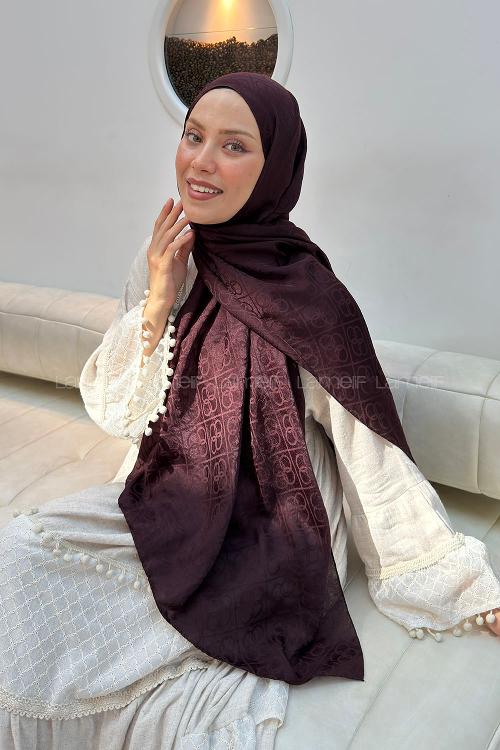Lamelif Zincir Halka Desen Ayrobin Floş Jakar  Şal Koyu Bordo